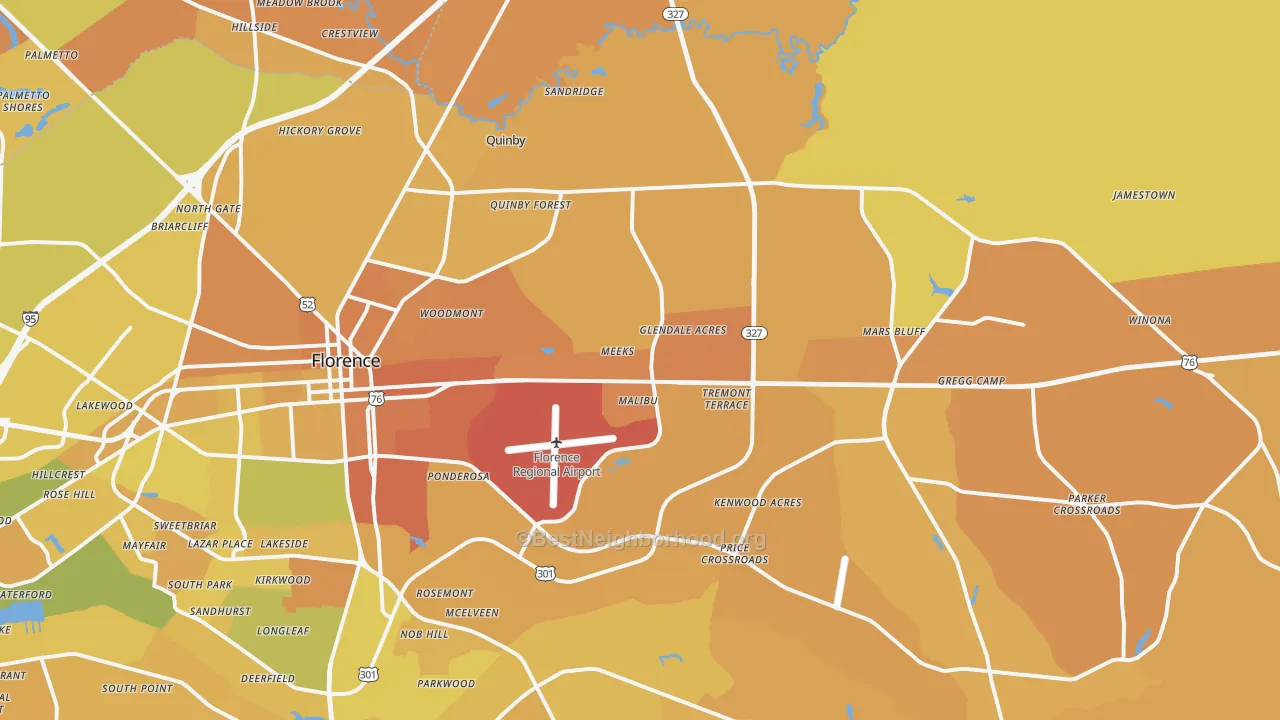 Map of the best neighborhoods in the 29506 area, with better matches in green and worse matches in red