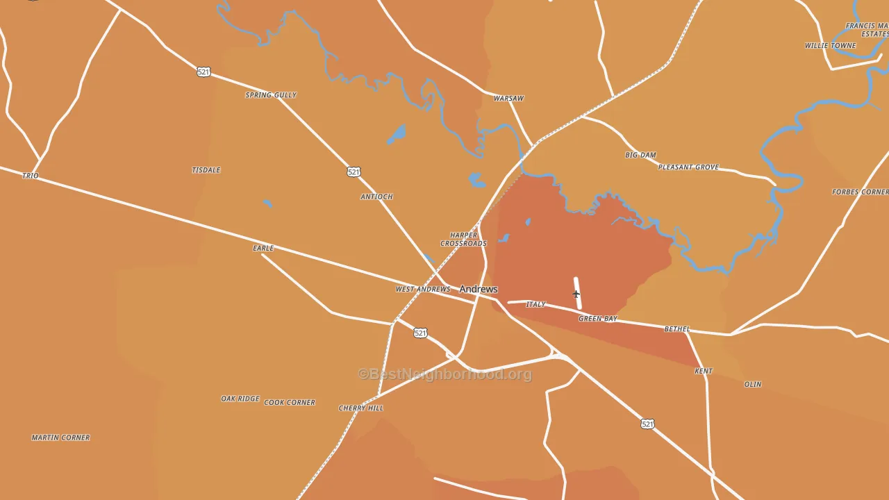 Map of the best neighborhoods in the 29510 area, with better matches in green and worse matches in red