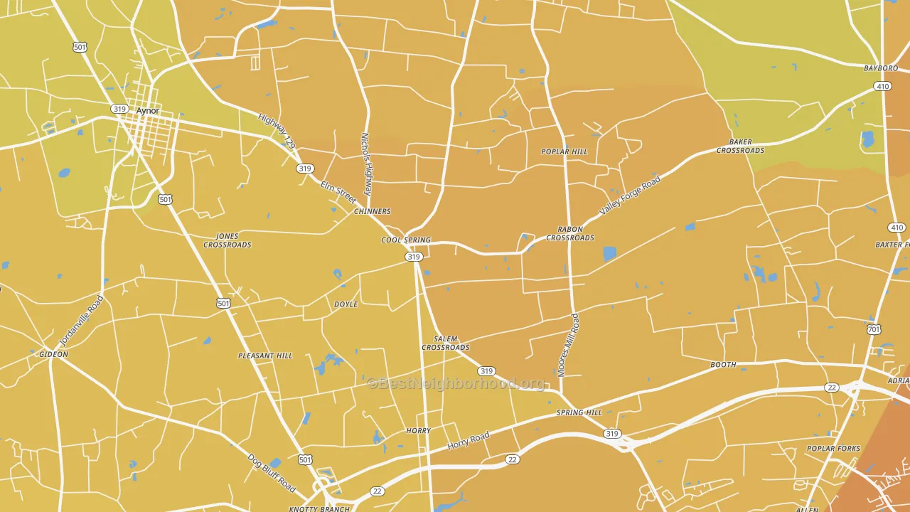 Map of the best neighborhoods in the 29511 area, with better matches in green and worse matches in red