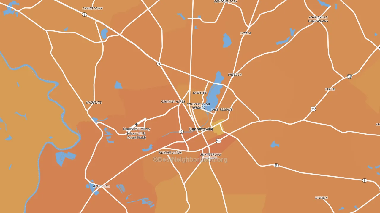Map of the best neighborhoods in the 29512 area, with better matches in green and worse matches in red