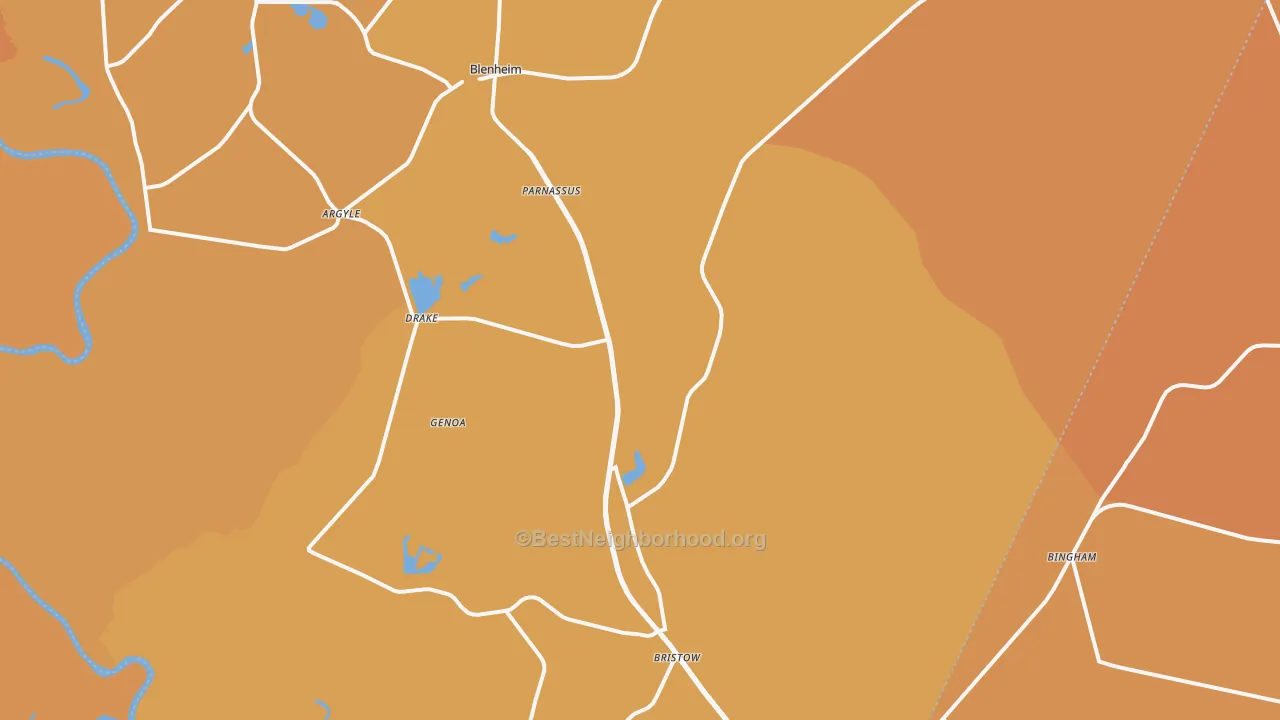 Map of the best neighborhoods in the 29516 area, with better matches in green and worse matches in red