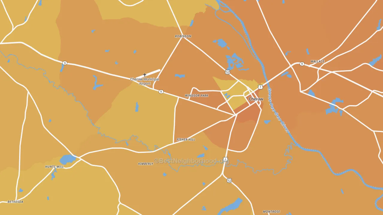 Map of the best neighborhoods in the 29520 area, with better matches in green and worse matches in red