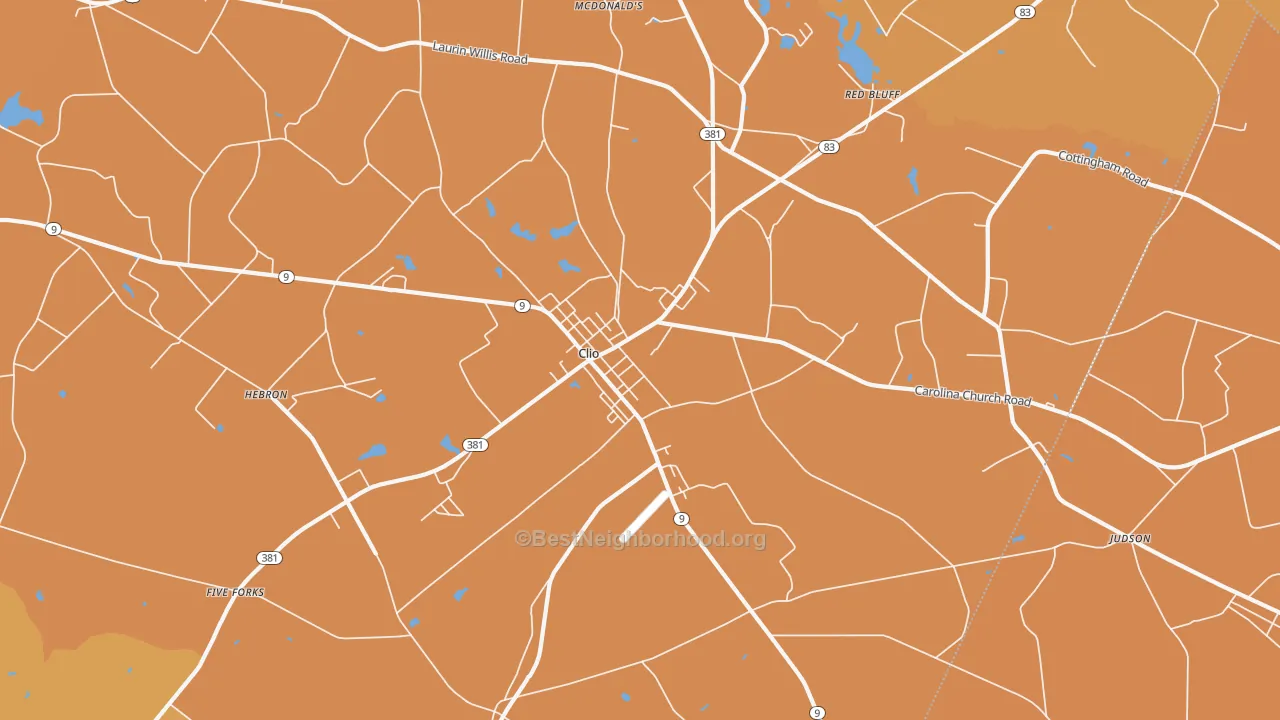 Map of the best neighborhoods in the 29525 area, with better matches in green and worse matches in red