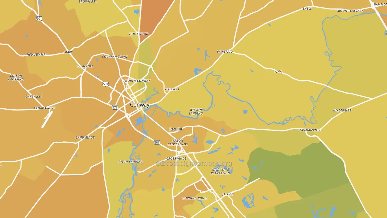 Map of the best neighborhoods in the 29526 area, with better matches in green and worse matches in red