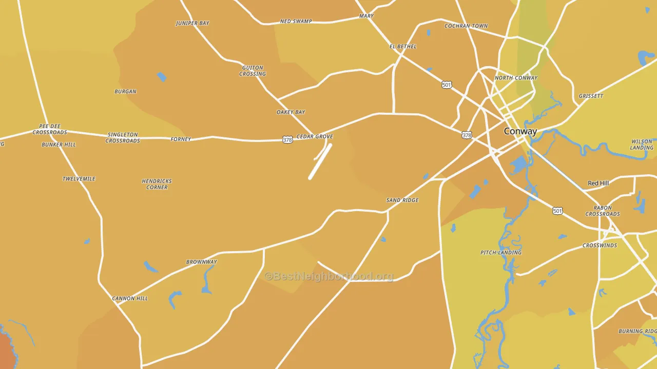 Map of the best neighborhoods in the 29527 area, with better matches in green and worse matches in red