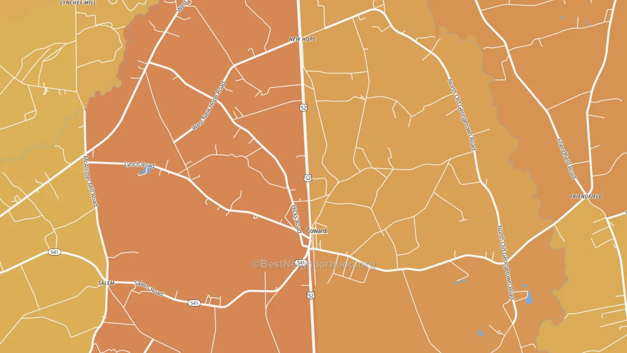 Map of the best neighborhoods in the 29530 area, with better matches in green and worse matches in red