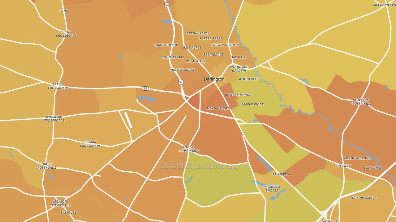 Map of the best neighborhoods in the 29532 area, with better matches in green and worse matches in red