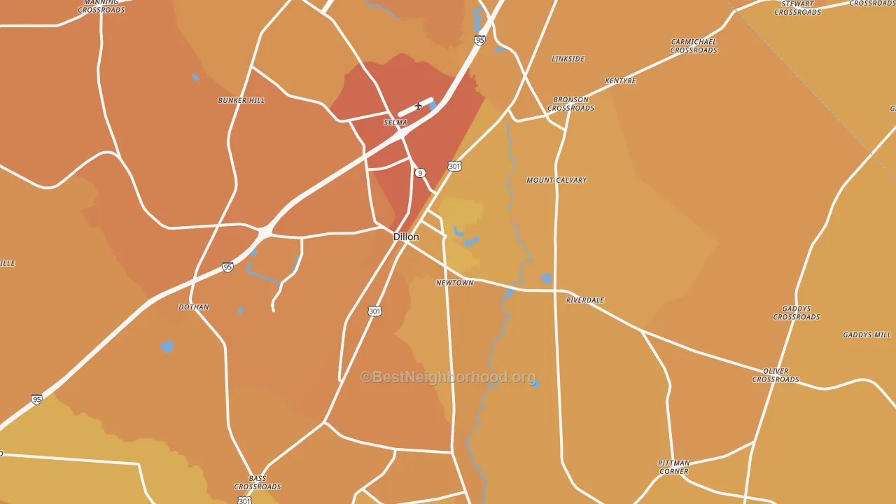Map of the best neighborhoods in the 29536 area, with better matches in green and worse matches in red