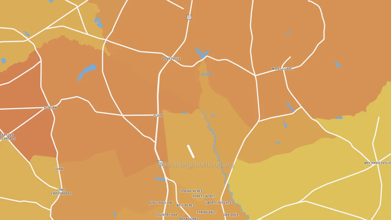 Map of the best neighborhoods in the 29540 area, with better matches in green and worse matches in red