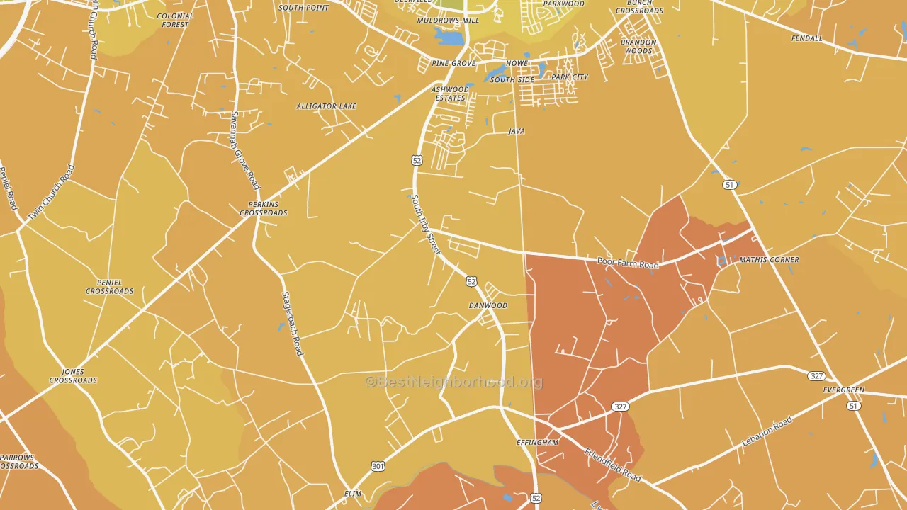 Map of the best neighborhoods in the 29541 area, with better matches in green and worse matches in red