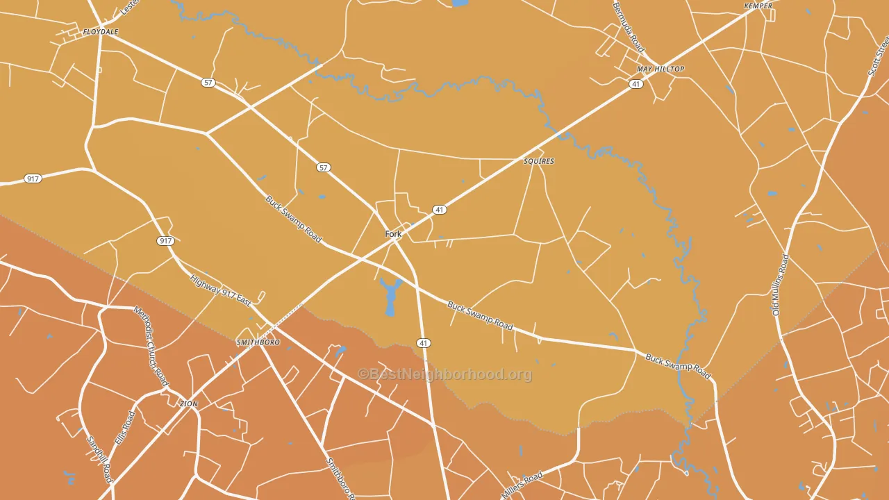 Map of the best neighborhoods in the 29543 area, with better matches in green and worse matches in red