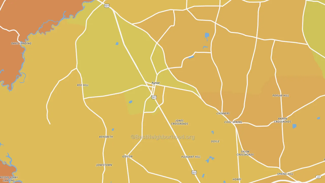Map of the best neighborhoods in the 29544 area, with better matches in green and worse matches in red