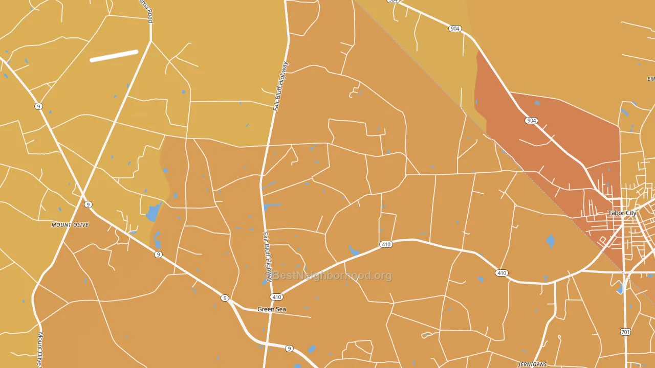 Map of the best neighborhoods in the 29545 area, with better matches in green and worse matches in red