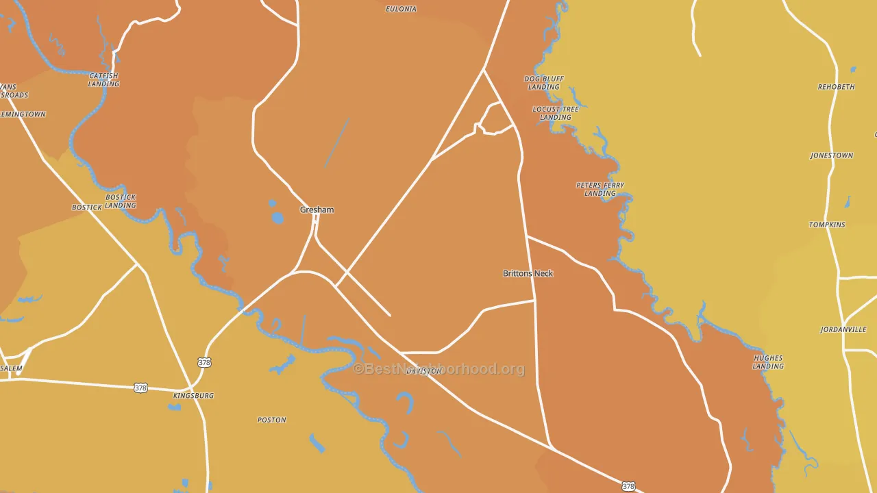 Map of the best neighborhoods in the 29546 area, with better matches in green and worse matches in red