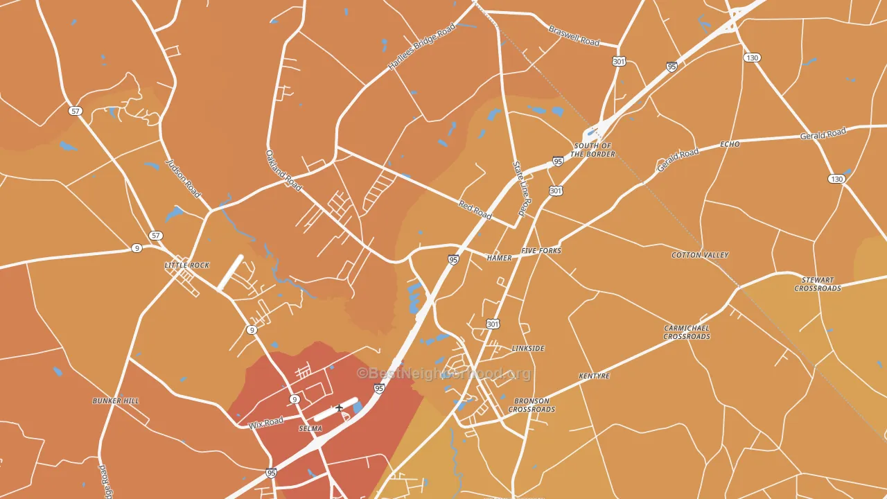 Map of the best neighborhoods in the 29547 area, with better matches in green and worse matches in red