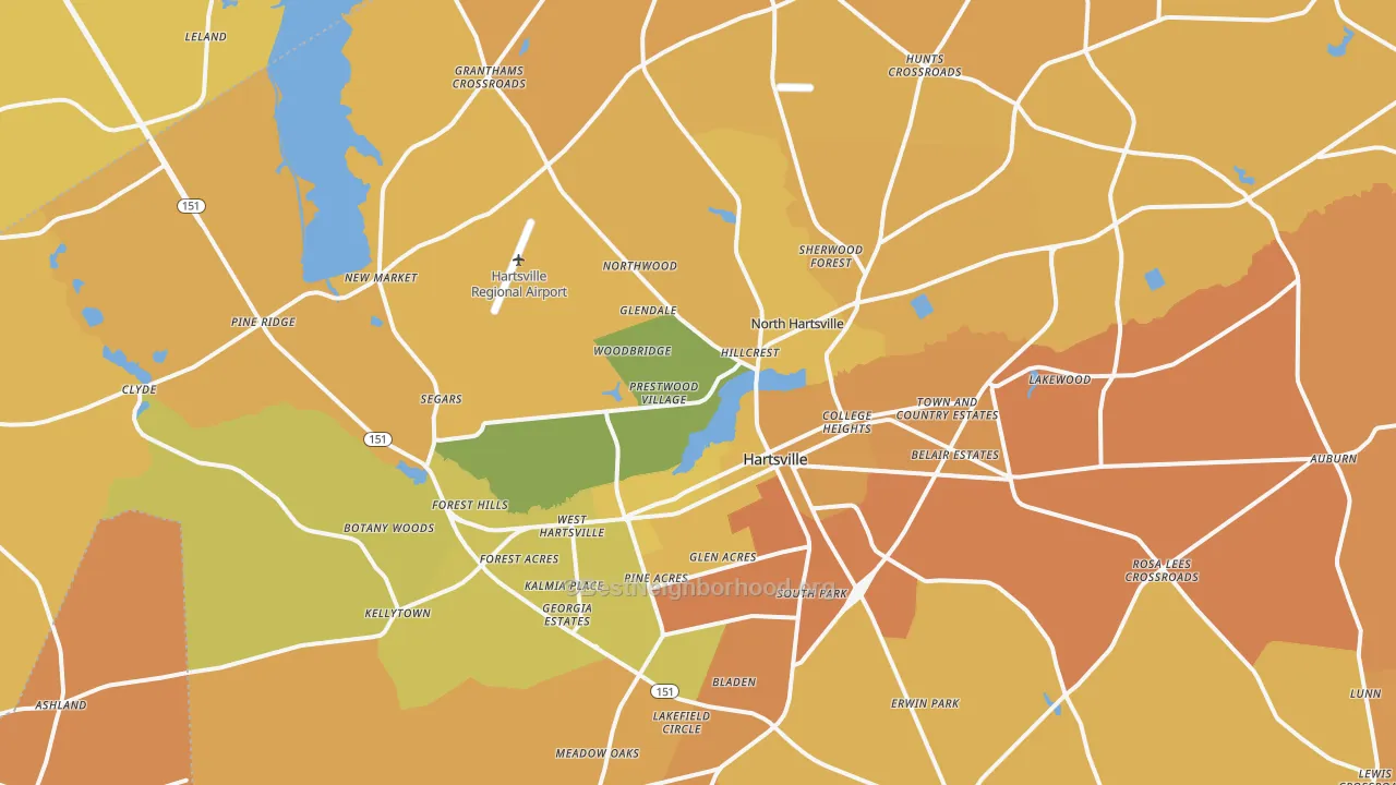 Map of the best neighborhoods in the 29550 area, with better matches in green and worse matches in red