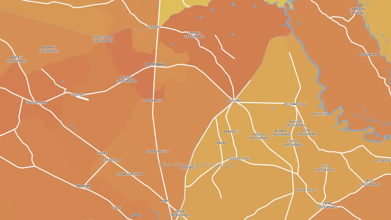 Map of the best neighborhoods in the 29554 area, with better matches in green and worse matches in red
