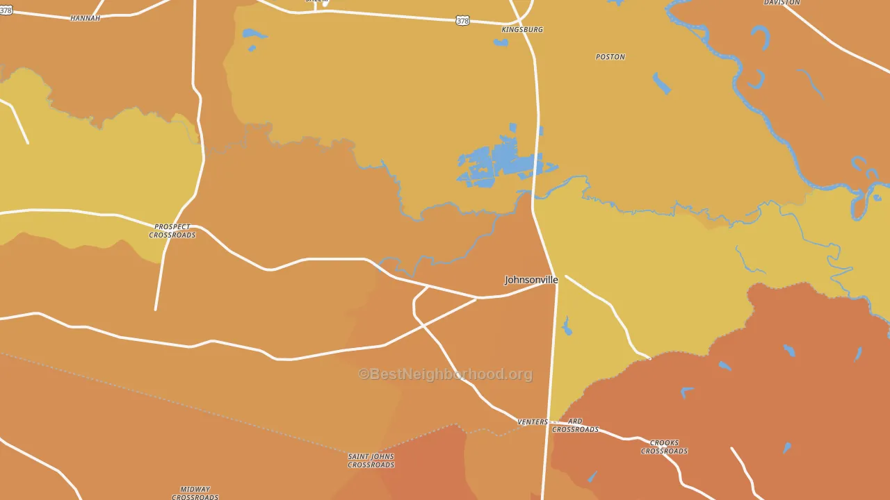 Map of the best neighborhoods in the 29555 area, with better matches in green and worse matches in red