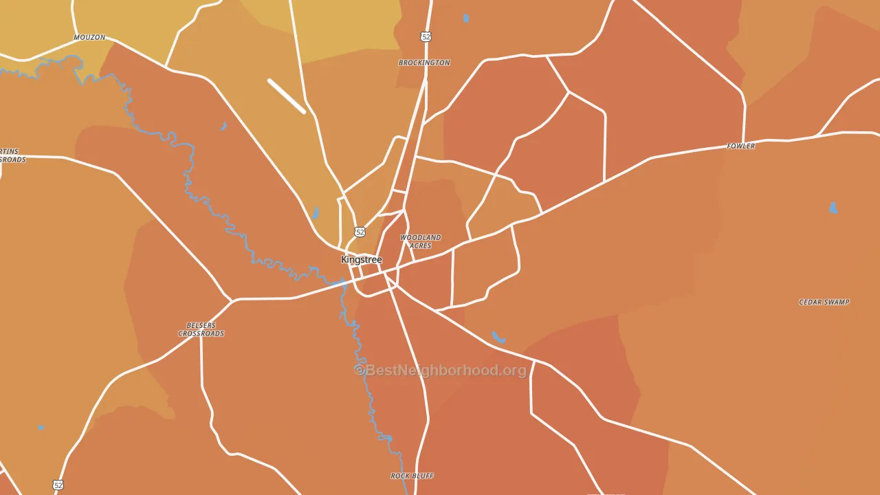Map of the best neighborhoods in the 29556 area, with better matches in green and worse matches in red
