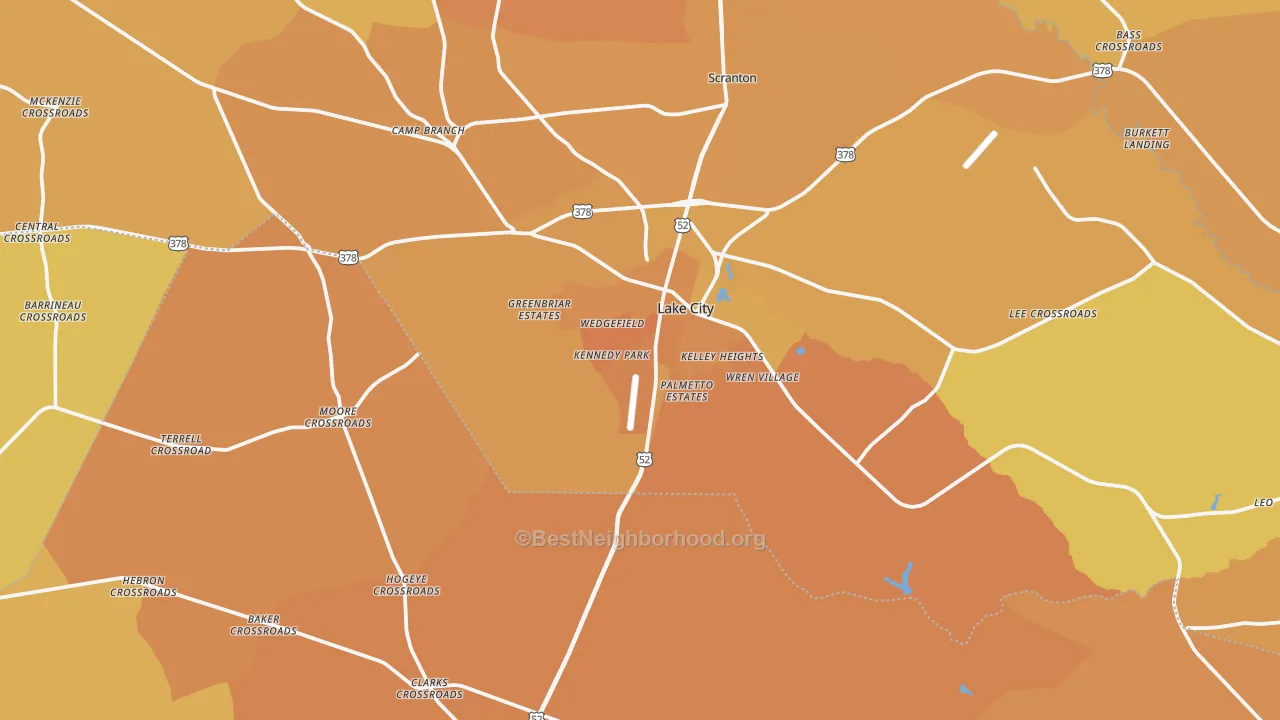 Map of the best neighborhoods in the 29560 area, with better matches in green and worse matches in red