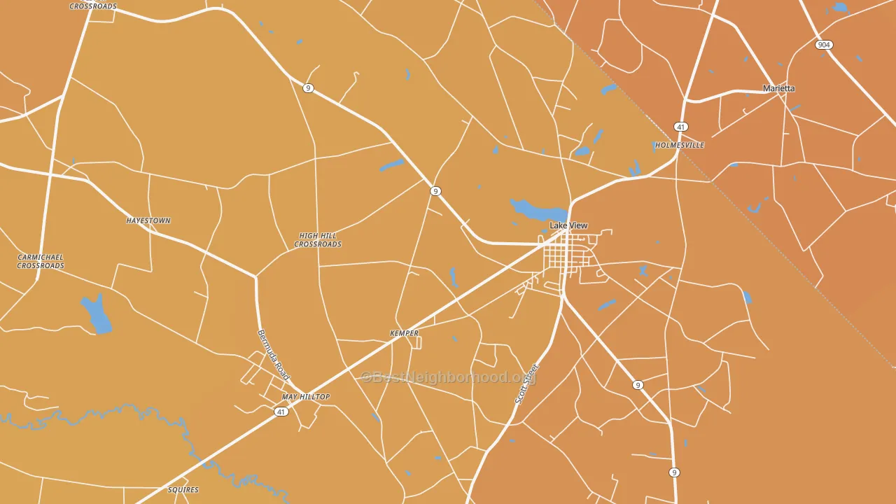 Map of the best neighborhoods in the 29563 area, with better matches in green and worse matches in red