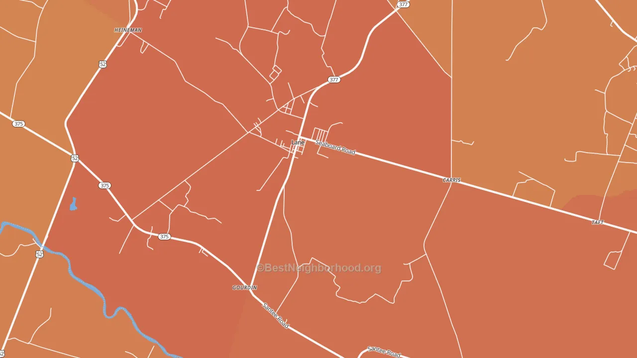 Map of the best neighborhoods in the 29564 area, with better matches in green and worse matches in red