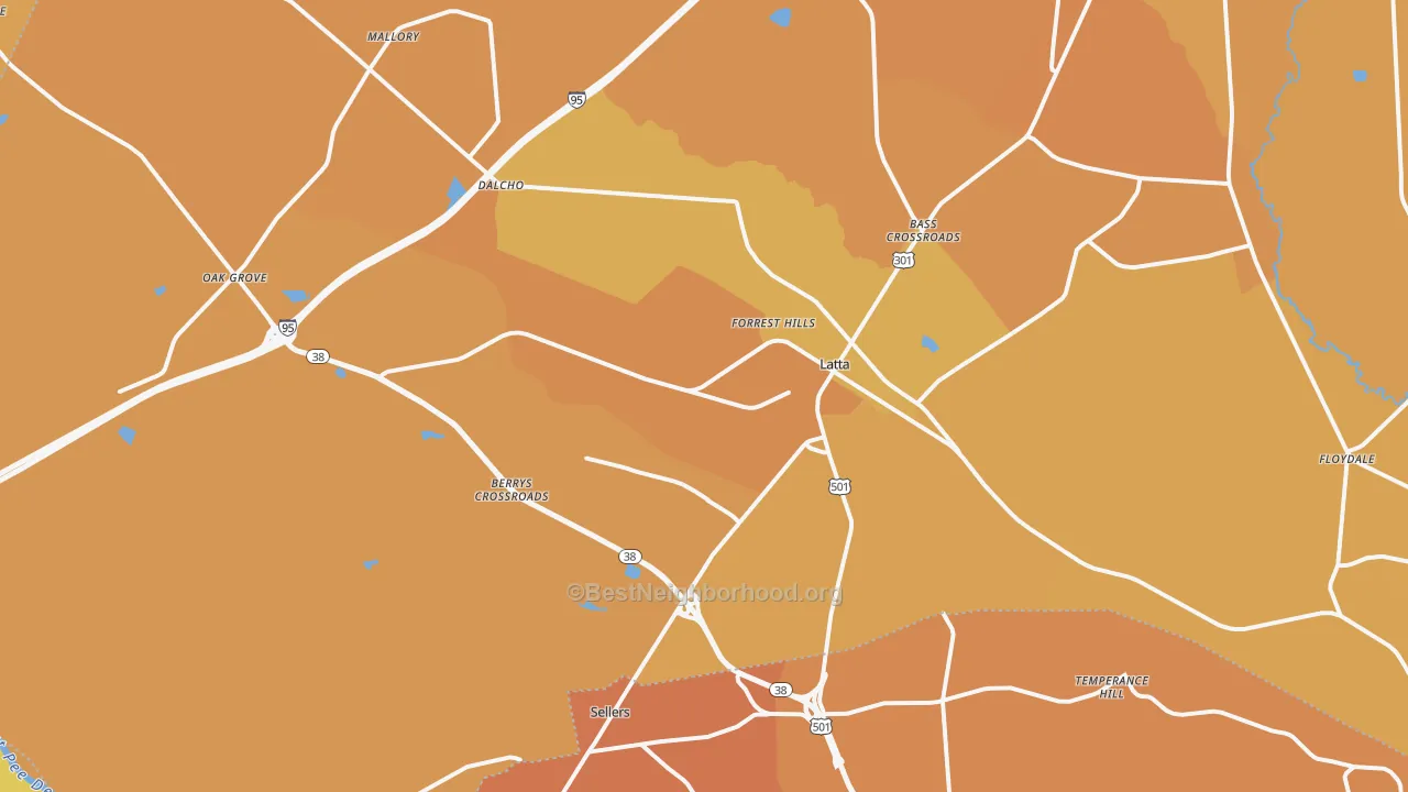 Map of the best neighborhoods in the 29565 area, with better matches in green and worse matches in red