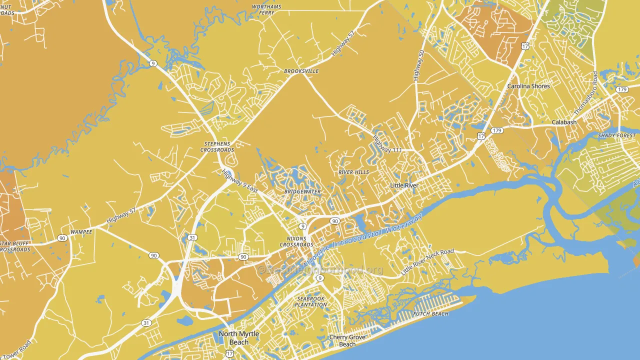 Map of the best neighborhoods in the 29566 area, with better matches in green and worse matches in red