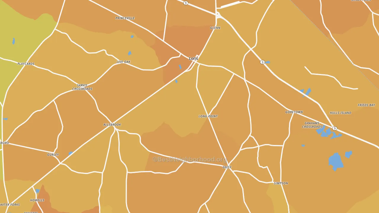 Map of the best neighborhoods in the 29569 area, with better matches in green and worse matches in red