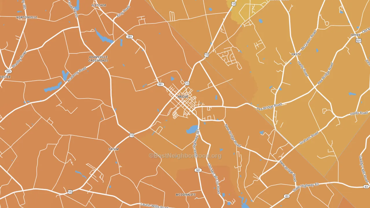 Map of the best neighborhoods in the 29570 area, with better matches in green and worse matches in red