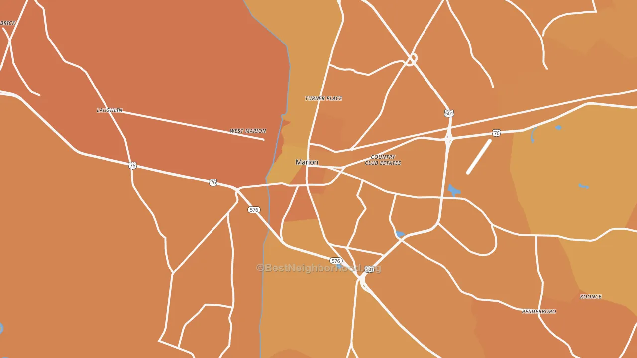 Map of the best neighborhoods in the 29571 area, with better matches in green and worse matches in red