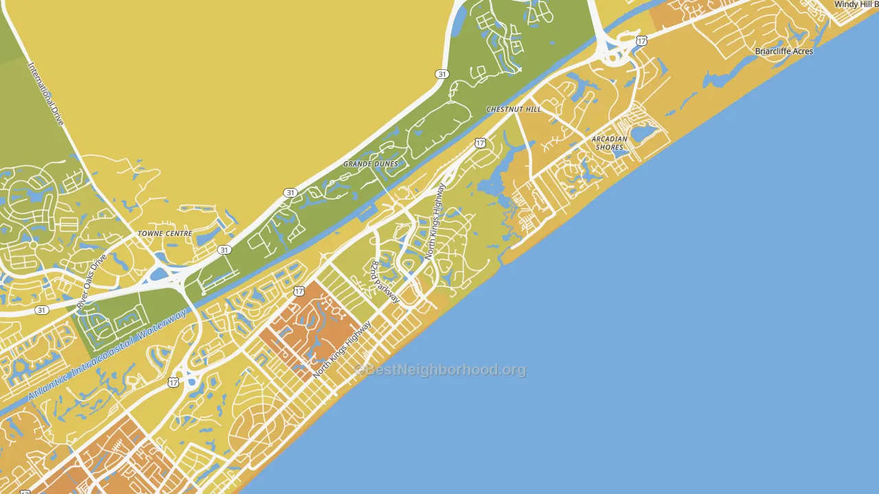 Map of the best neighborhoods in the 29572 area, with better matches in green and worse matches in red
