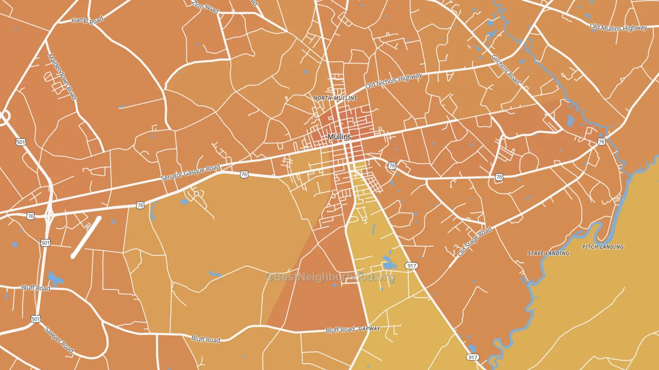 Map of the best neighborhoods in the 29574 area, with better matches in green and worse matches in red