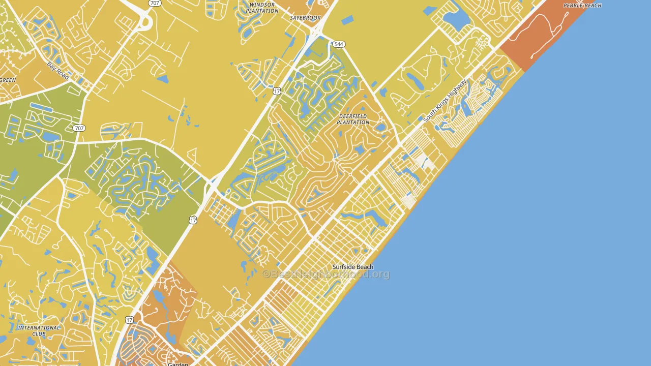Map of the best neighborhoods in the 29575 area, with better matches in green and worse matches in red