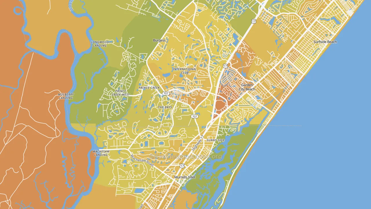 Map of the best neighborhoods in the 29576 area, with better matches in green and worse matches in red