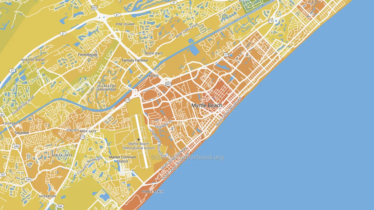 Map of the best neighborhoods in the 29577 area, with better matches in green and worse matches in red