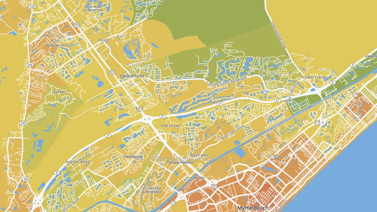 Map of the best neighborhoods in the 29579 area, with better matches in green and worse matches in red