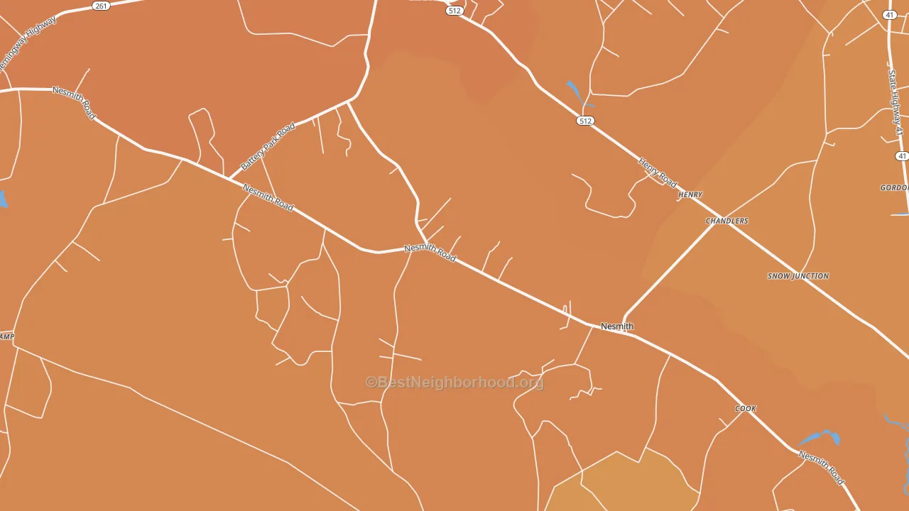 Map of the best neighborhoods in the 29580 area, with better matches in green and worse matches in red