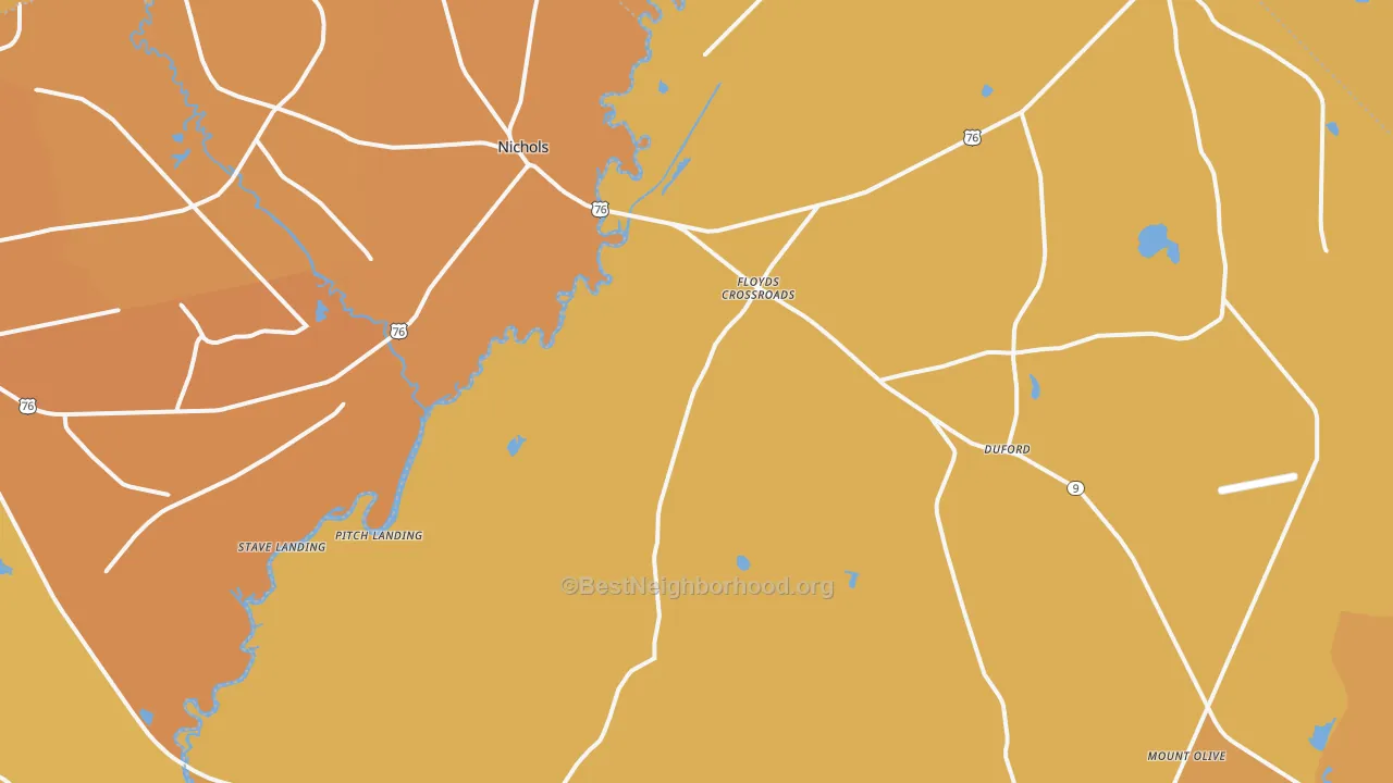 Map of the best neighborhoods in the 29581 area, with better matches in green and worse matches in red