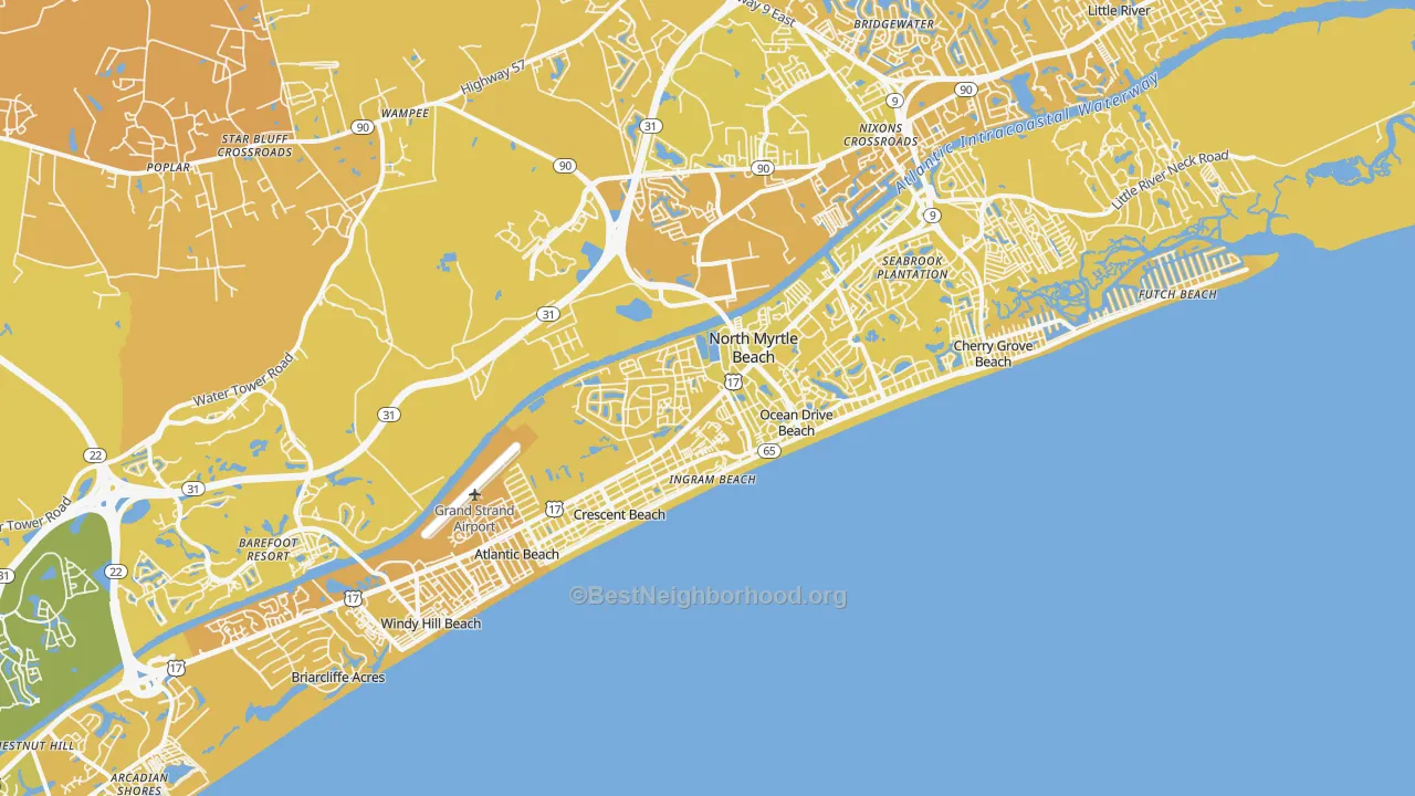 Map of the best neighborhoods in the 29582 area, with better matches in green and worse matches in red