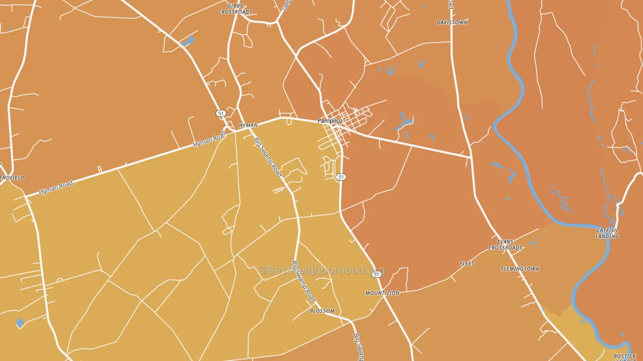 Map of the best neighborhoods in the 29583 area, with better matches in green and worse matches in red