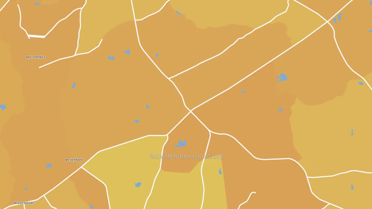Map of the best neighborhoods in the 29584 area, with better matches in green and worse matches in red