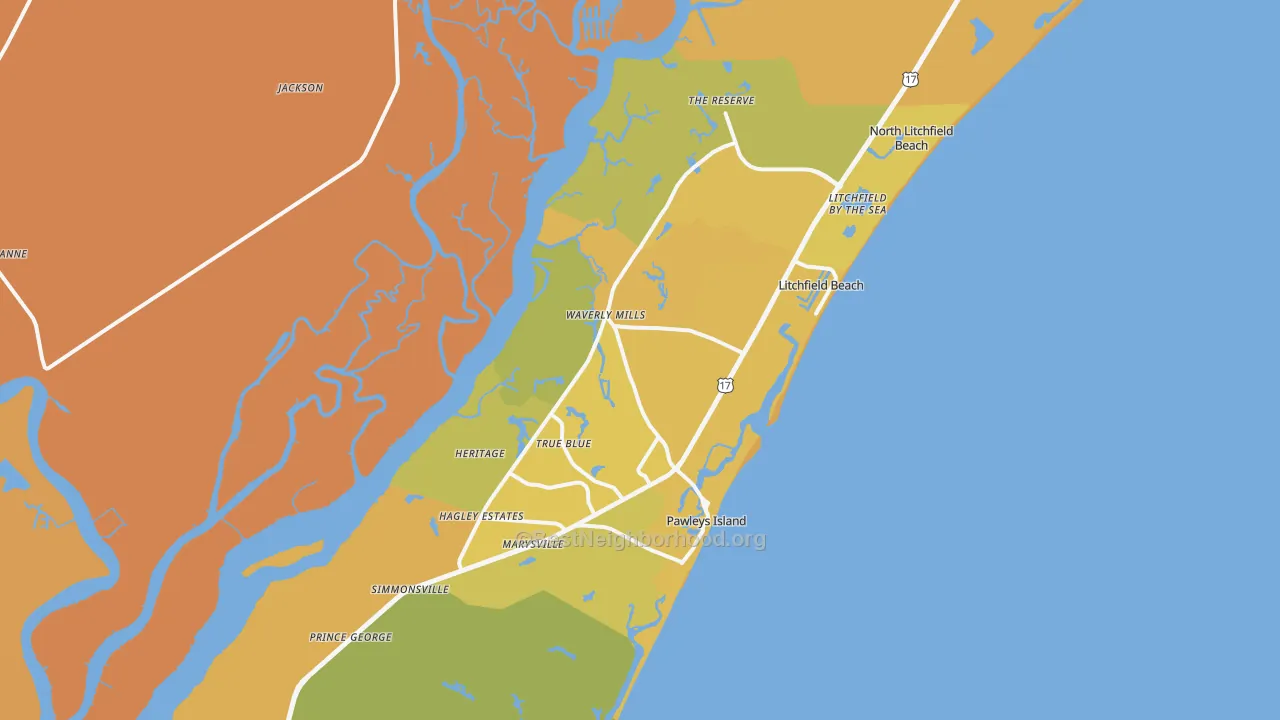 Map of the best neighborhoods in the 29585 area, with better matches in green and worse matches in red