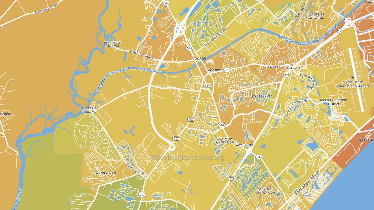 Map of the best neighborhoods in the 29588 area, with better matches in green and worse matches in red