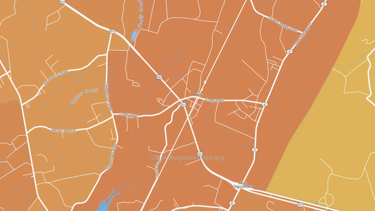 Map of the best neighborhoods in the 29589 area, with better matches in green and worse matches in red