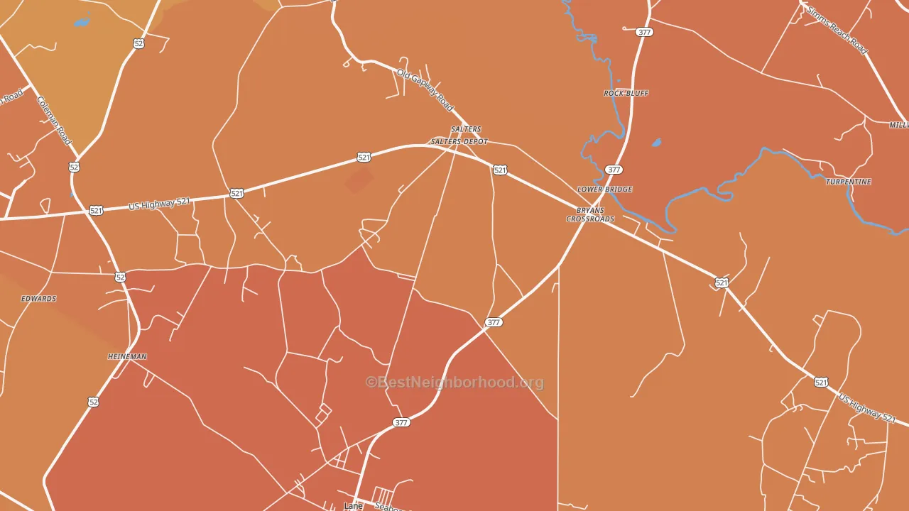 Map of the best neighborhoods in the 29590 area, with better matches in green and worse matches in red