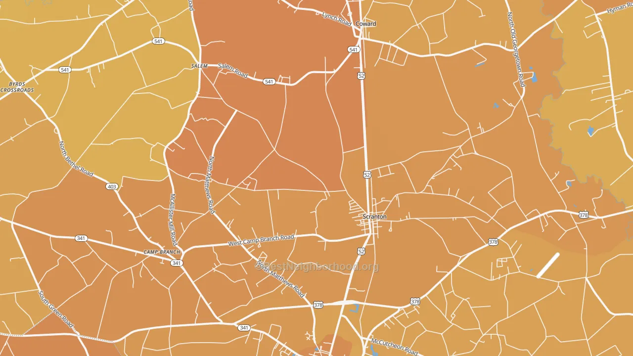 Map of the best neighborhoods in the 29591 area, with better matches in green and worse matches in red