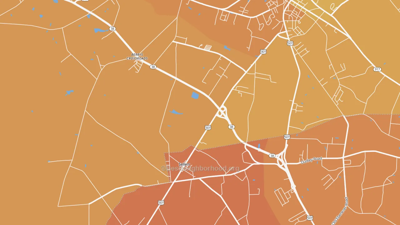 Map of the best neighborhoods in the 29592 area, with better matches in green and worse matches in red