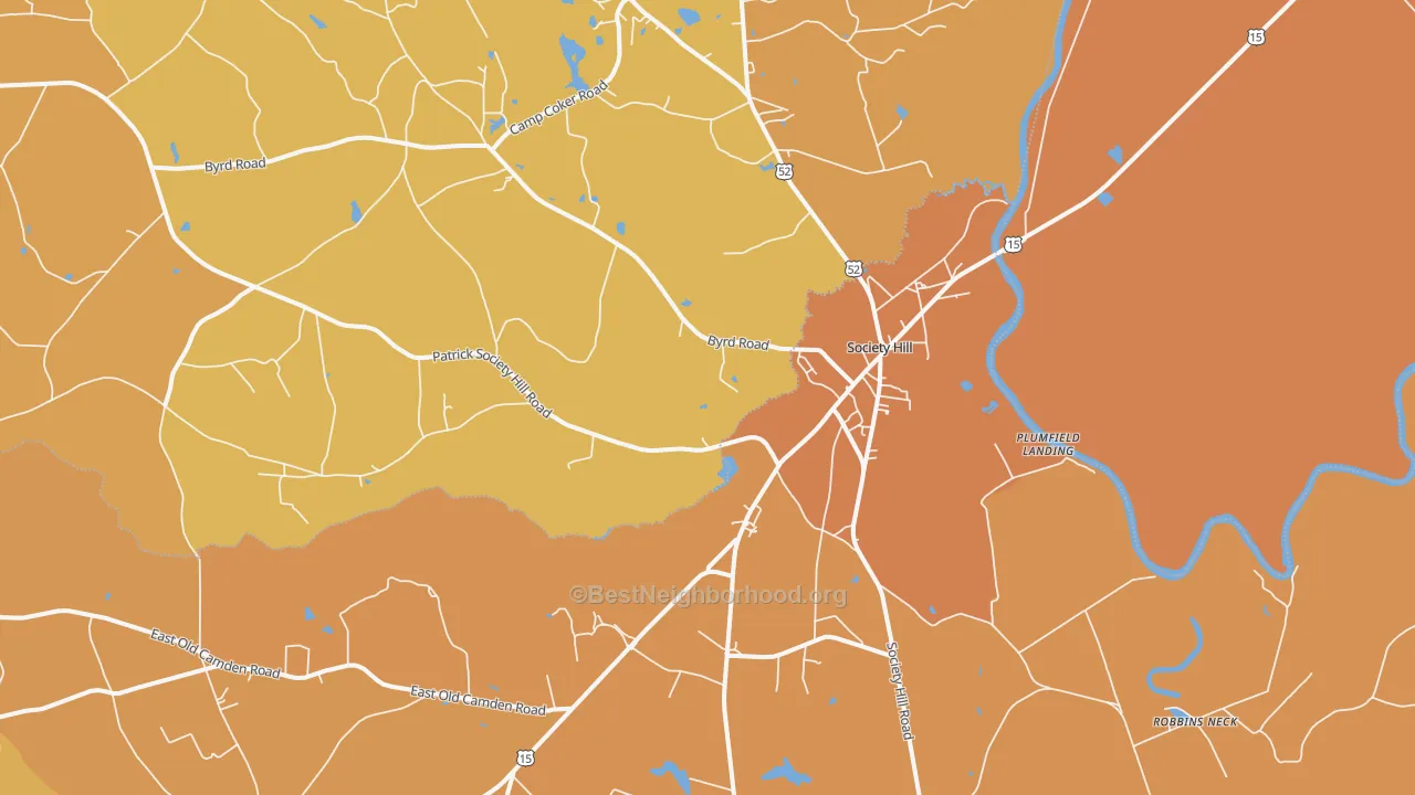 Map of the best neighborhoods in the 29593 area, with better matches in green and worse matches in red