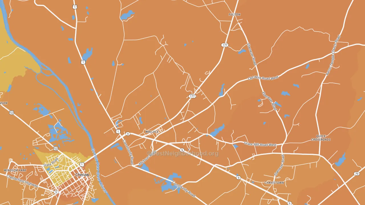 Map of the best neighborhoods in the 29596 area, with better matches in green and worse matches in red